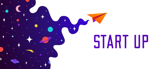 Universe. Motivation banner with universe cloud, dark cosmos, planet, stars and paper plane, start up symbol. Banner template with text Start Up, universe starry dream background. Vector Illustration