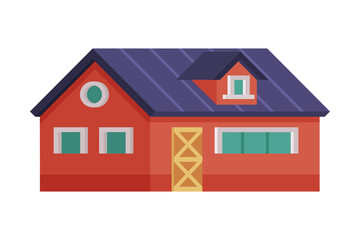 Red Country House, Rural Cottage Facade Cartoon Vector Illustration on White Background