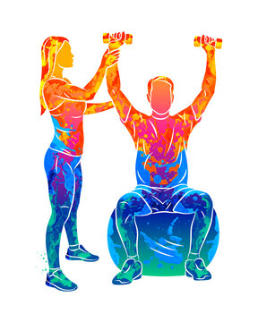 Abstract professional rehabilitation physiotherapy worker with senior patient from splash of watercolors. Vector illustration of paints