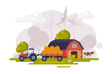 Farm Scene with Red Barn, Wind Turbine and Tractor, Summer Rural Landscape, Agriculture and Farming Concept Cartoon Vector Illustration - obrazy, fototapety, plakaty