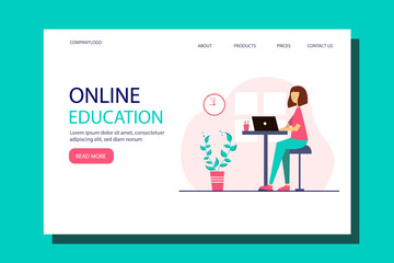 Conceptual illustration for online education, online courses. A girl studying in a nice interior. Vector illustration in flat style.