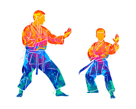 Abstract trainer with a young boy in kimono training karate from splash of watercolors. Vector illustration of paints