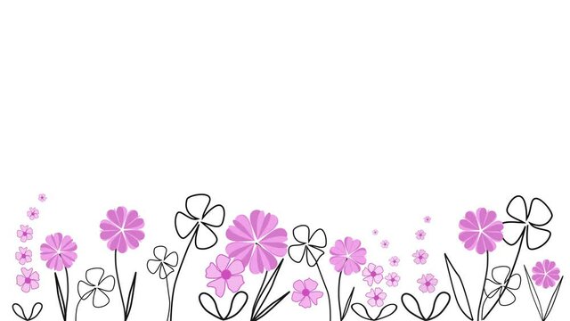 floral border from white paper, hand drawn flowers, seamless pattern for postcard with blank background,black outline and pink flowers,

