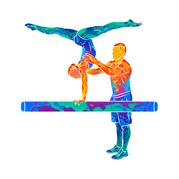 Abstract coach training young gymnast to balance on gymnastics beam from splash of watercolors. Vector illustration of paints