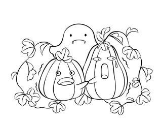 Digital illustration of halloween, pumpkin and ghost, black and white.