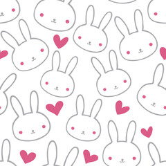 Cute grey bunnies and line art rabbits with red hearts seamless pattern on white background. Great for kids fabric, textile, nursery decoration, card, scrapbooking. Surface pattern design.