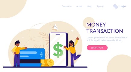 Concept of Financial transactions. Non-cash payment transactions. Pos-terminal and payment systems, currency, coins, NFC payment system. Modern flat illustration.