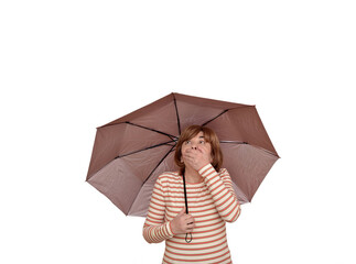 Surprised woman holding an umbrella covering her mouth with a hand and looking up. Isolated on the white background. Copy space. Advertisement gesture. Suitable for various types of advertising.