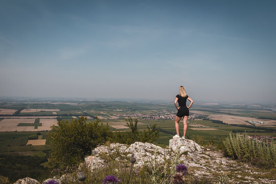 Young woman standing on lookout from back in black dress looking to valley. Palava, Czech republic, toned photo