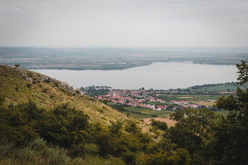 Fototapeta na wymiar Reservoir Nove mlyny with small village Pavlov from lookout. Palava, Czech republic