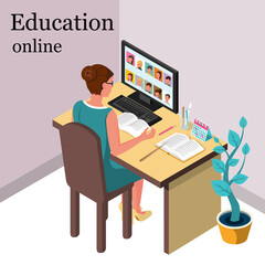 Professional teacher woman sits in front of computer screen. Online lesson. Vector isometric 3d banner. Concept video lesson. A writing desk with a laptop. Online education. E-learning landing page.