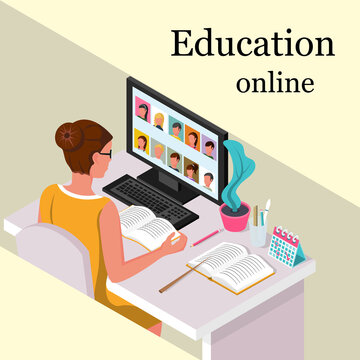 Online lesson concept. Teacher in front of a computer screen. Chat for schoolchildren. Laptop screen with online lesson. Vector isometric 3d banner. E-learning landing page. Work desk with notebooks.