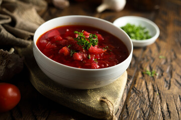 Traditional homemade beetroot soup with fresh parsley