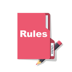 Rules concept. A folder with documents and a pencil on the table. Checklist with requirements and regulations. Rule list on blank. Vector illustration flat design. Isolated on white background.