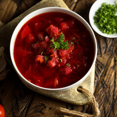 Traditional homemade beetroot soup with fresh parsley