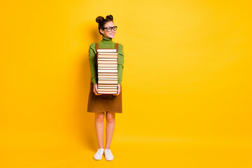 Full length body size view of her she attractive diligent cheerful girl nerd carrying many book...