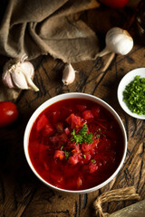 Traditional homemade beetroot soup with fresh parsley