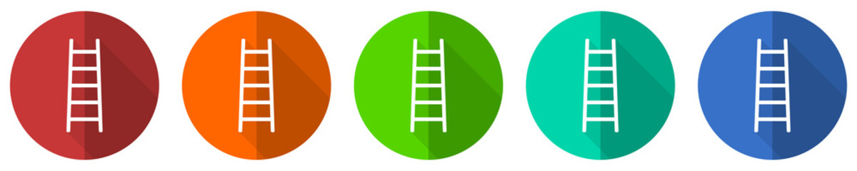 Ladder icon set, step, climb, tool, level, red, blue, green and orange flat design web buttons isolated on white background, vector illustration