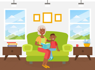 Grandma Reading Book to her Grandson Sitting on Sofa, Elderly Woman Spending Time at Home with her Grandchild, Boy Stayed with his Grandma for Weekend Cartoon Vector Illustration