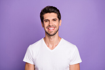Close-up portrait of his he nice attractive content cheerful cheery guy sales manager worker...