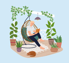 Young man relaxing in hanging chair on the terrace. Boy reading book in the garden. Home garden and cute exterior design. Modern illustration.