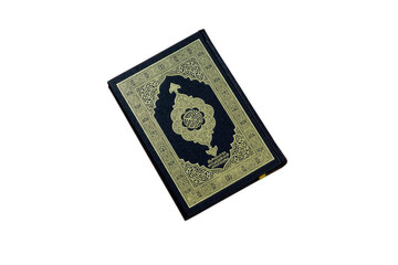 Holy Quran with Arabic calligraphy meaning of Al Quran isolated on white