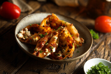 Pasta bake with tomato sauce and cheese