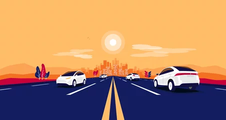 Gardinen Car traffic on the road panoramic perspective horizon vanishing point view. Flat vector cartoon style illustration urban landscape vehicle motorway, skyline city buildings and highway going to city. © petovarga