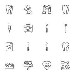 Dentist, orthodontics line icons set, dentistry outline vector symbol collection, linear style pictogram pack. Signs, logo illustration. Set includes icons as caries treatment, dental tooth prosthesis