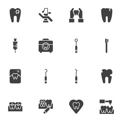 Dentist, orthodontics vector icons set, dentistry modern solid symbol collection, filled style pictogram pack. Signs, logo illustration. Set includes icons as caries treatment, dental tooth prosthesis
