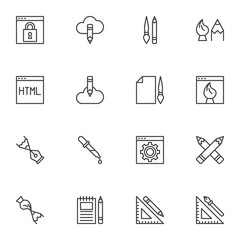 Design and drawing line icons set, outline vector symbol collection, linear style pictogram pack. Signs, logo illustration. Set includes icons - website development, seo, digital art, project briefing