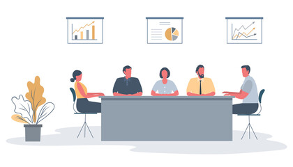 Office workers during the meeting. Employees are sitting at the table in the office. There is also a flower, and diagrams on the wall in the image. Conference hall. Funky flat style. Vector
