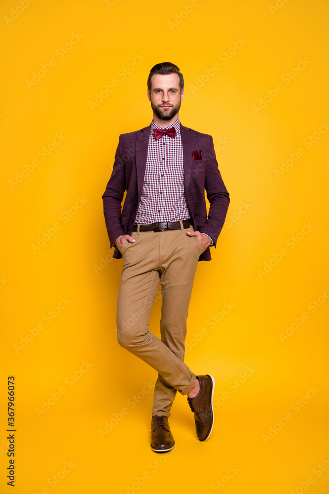 Poster vertical full length body size view of his he nice attractive fashionable guy model macho dandy wear