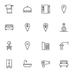 Hotel related line icons set, outline vector symbol collection, linear style pictogram pack. Signs, logo illustration. Set includes icons as reception bell, bed, hotel location, shower, bathroom