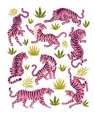 Set of pink tigers and tropical leaves. Trendy illustration. © Angelina Bambina