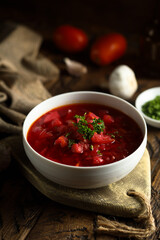 Traditional homemade beetroot soup with fresh parsley