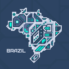 Abstract futuristic map of Brazil. Mechanical circuit of the country. Technology background.