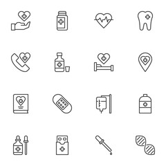 Medicine and health line icons set, outline vector symbol collection, linear style pictogram pack. Signs, logo illustration. Set includes icons as medical pills, dna, heart cardiogram, emergency call