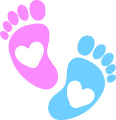 Baby footprint, pink, blue, heart, silhouette. vector illustration