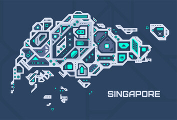 Abstract futuristic map of Singapore. Mechanical circuit of the country. Technology space background.