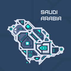 Abstract futuristic map of Saudi Arabia. Mechanical circuit of the country. Technology space background.