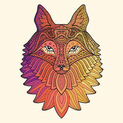 Head of fox in ornament. Vector illustration. Red fox head coloring on a white background