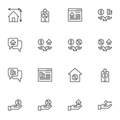 Fototapeta na wymiar Real Estate line icons set, outline vector symbol collection, linear style pictogram pack. Signs, logo illustration. Set includes icons as online apartment rent, property, percentage mortgage, house