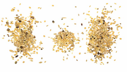 Mixed bird seeds, millet piles isolated on white background, top view