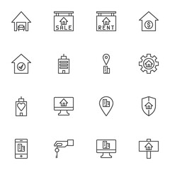 Real estate related line icons set, outline vector symbol collection, linear style pictogram pack. Signs, logo illustration. Set includes icons as house rent, sale, mortgage, insurance, online booking