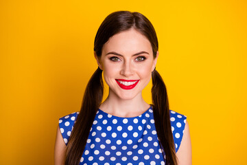 Portrait of candid attractive charming girl look toothy smile in camera enjoy summer weekend wear...