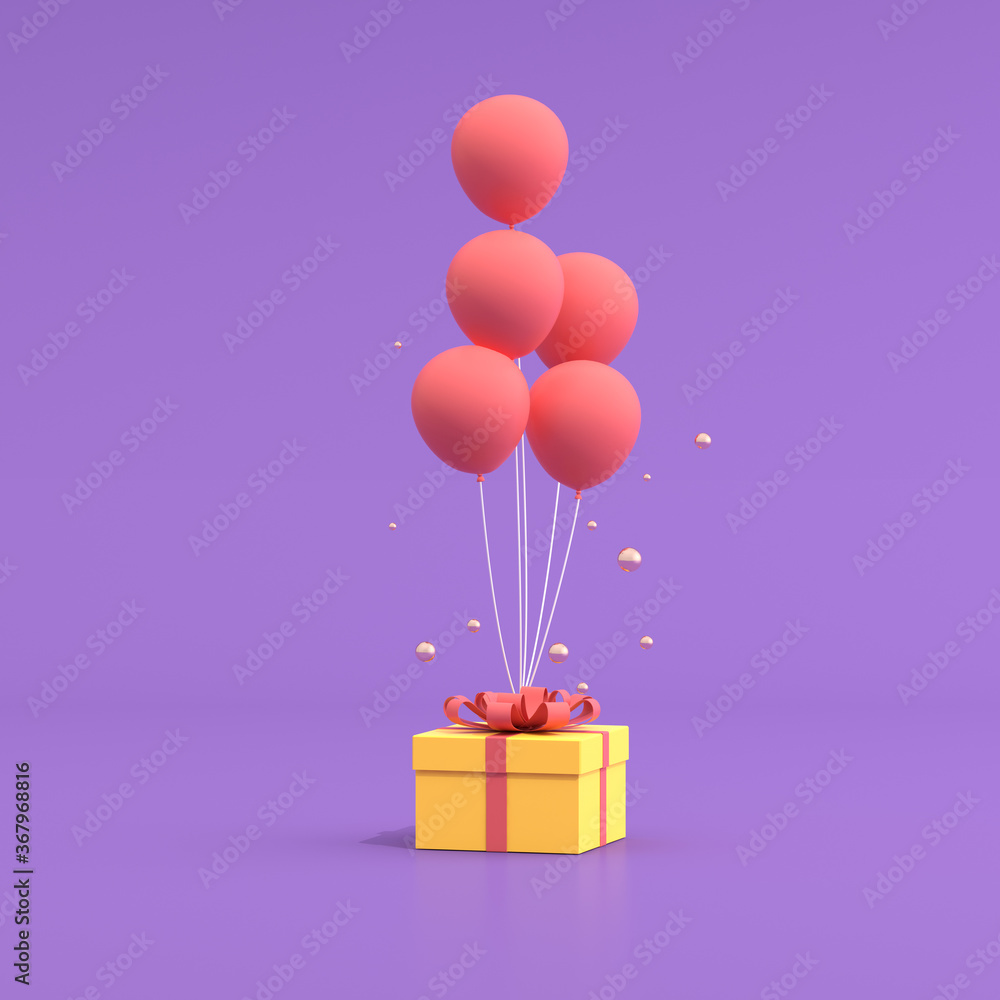 Poster Mock up of gift box and balloons in minimal style. 3D rendering.	
