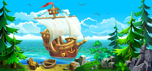 A wooden ship with white sails stands near the shore with treasures. © Vladislav K