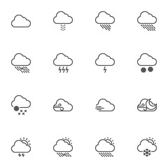 Weather cloud line icons set, outline vector symbol collection, linear style pictogram pack. Signs logo illustration. Set includes icons - rain, storm, snow, wind, sun, lightning, meteorology forecast