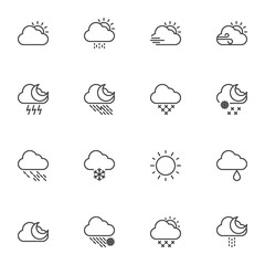 Obraz premium Weather line icons set, outline vector symbol collection, linear style pictogram pack. Signs, logo illustration. Set includes icons as sunny weather, overcast, snow, rainy cloud, storm, summer, winter